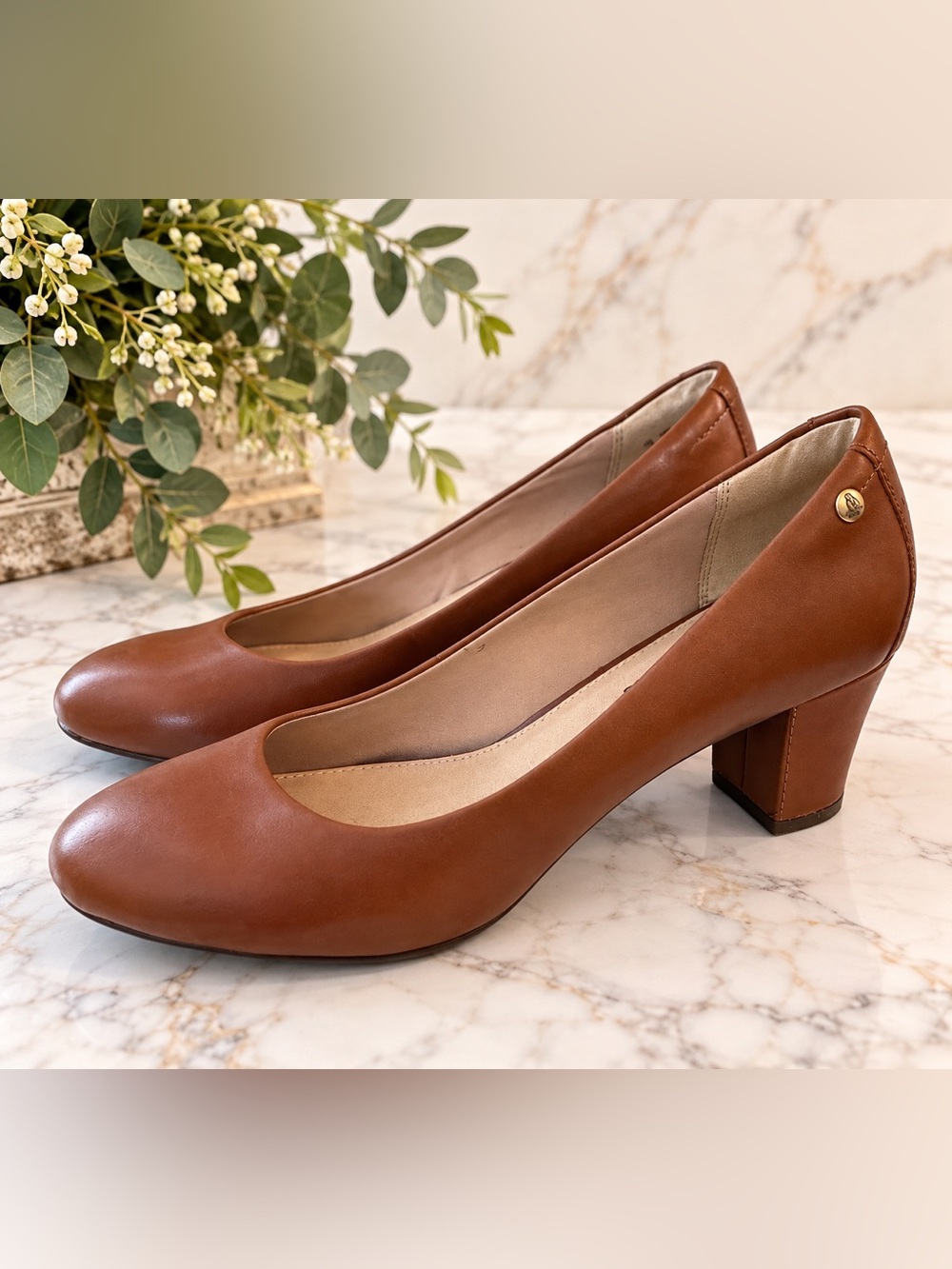 Hush Puppies Brown Leather Pumps Block Heel Comfort Career Shoes Women’s 7